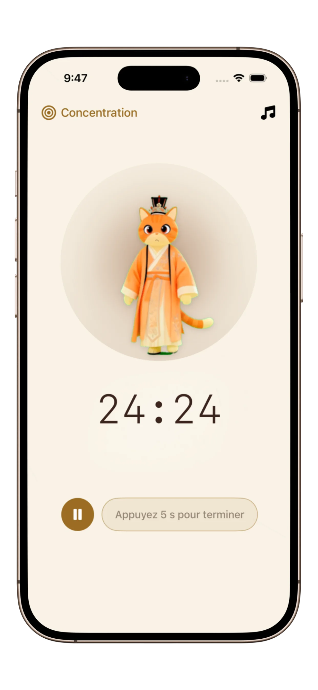 Écran principal du minuteur PurrrrrFocus montrant le mode de concentration profonde avec une interface épurée