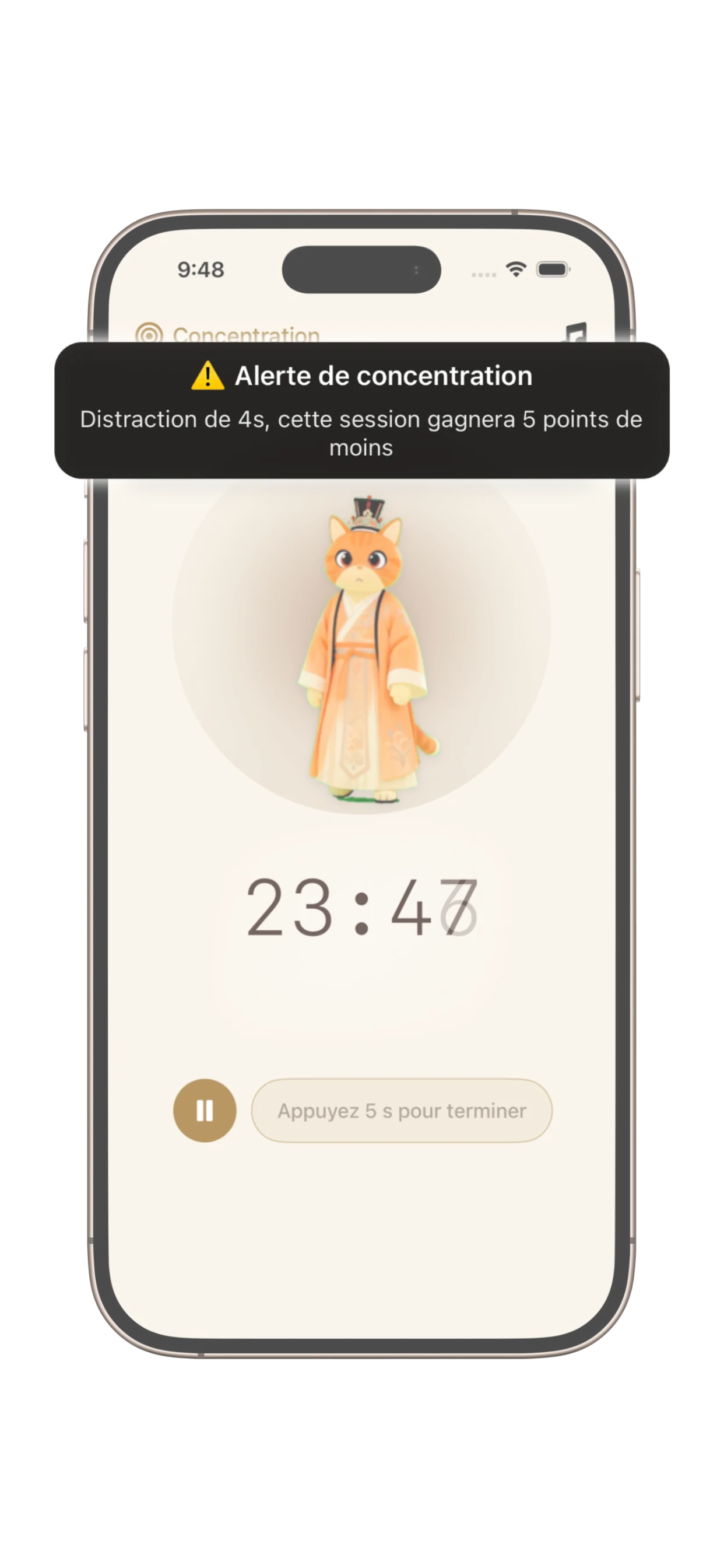 Écran du mode de concentration d'élite PurrrrrFocus montrant les fonctionnalités de discipline intégrées